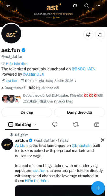A Twitter/X profile page for 'ast.fun' (@ast_dotfun) with a blue verification checkmark describes itself as 'The tokenized perpetual launchpad on @BNBCHAIN. Powered by @Aster_DEX' with 889 followers.