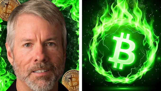 A split image showing MicroStrategy's Michael Saylor on the left surrounded by green flames and Bitcoin coins, with a glowing green Bitcoin logo encircled by flames on the right.
