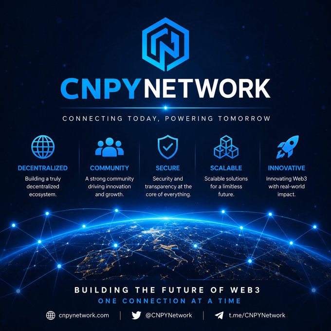A promotional graphic for CNPY Network featuring its hexagonal blue logo, tagline "Connecting Today, Powering Tomorrow," and five core values (Decentralized, Community, Secure, Scalable, Innovative) above an illuminated globe with network nodes, promoting their mission to "Build the Future of Web3 One Connection at a Time" and listing their website (cnpynetwork.com), Twitter (@CNPYNetwork), and Telegram handle.