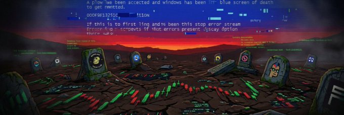 A stylized digital landscape features cracked earth with green and red candlestick patterns, scattered tombstones adorned with crypto logos, and a dramatic "Blue Screen of Death" overlay displaying error text in the sky. This imagery evokes a crypto market crash, setting a thematic backdrop for a freemint giveaway of 40 Rugasaurus NFTs.