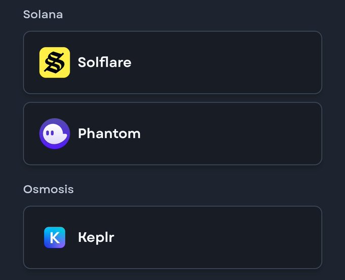 Screenshot of a digital wallet interface listing Solana options (Solflare, Phantom) and the Osmosis option (Keplr).