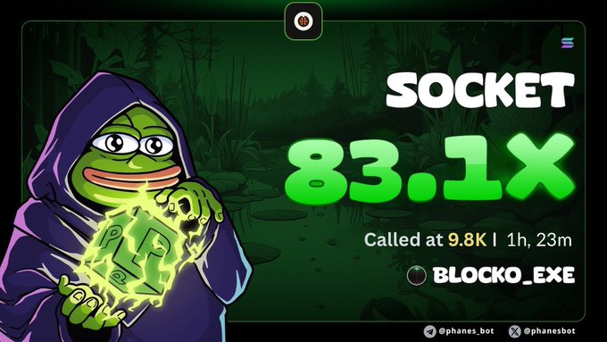 A meme graphic features a Pepe the Frog character in a purple robe holding a glowing bag of money, with the text 'SOCKET 83.1X Called at 9.8K'.