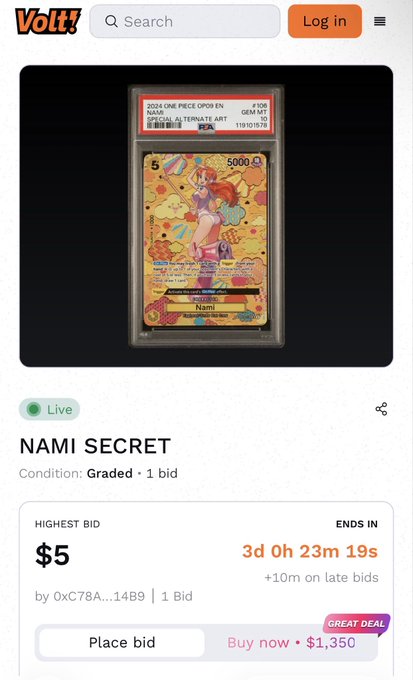 The image shows a Valt advertisement for an auction where a card is being sold at auction, which has been tagged as a Pokémon card. The advertisement also displays the bid price of $5 per card and provides details about the seller. There are two posts on the auction website that have caught people's attention - one from an auction user with the tag "Volt Auctions" written in the top left corner and another from a bidder who is interested in buying Nami Secret cards at 3d o'h 22m 19s, which ends up being their highest bid. The text on both posts indicates that it's related to Pokémon cards, as one post states that it's the highest bid for a Pokémon card.
