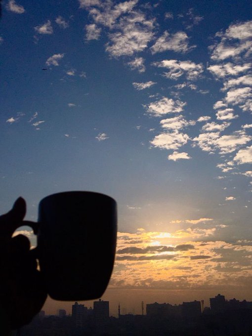 A silhouetted hand holding a mug in the foreground, with a sunrise sky filled with scattered clouds and a distant city skyline visible at the horizon.