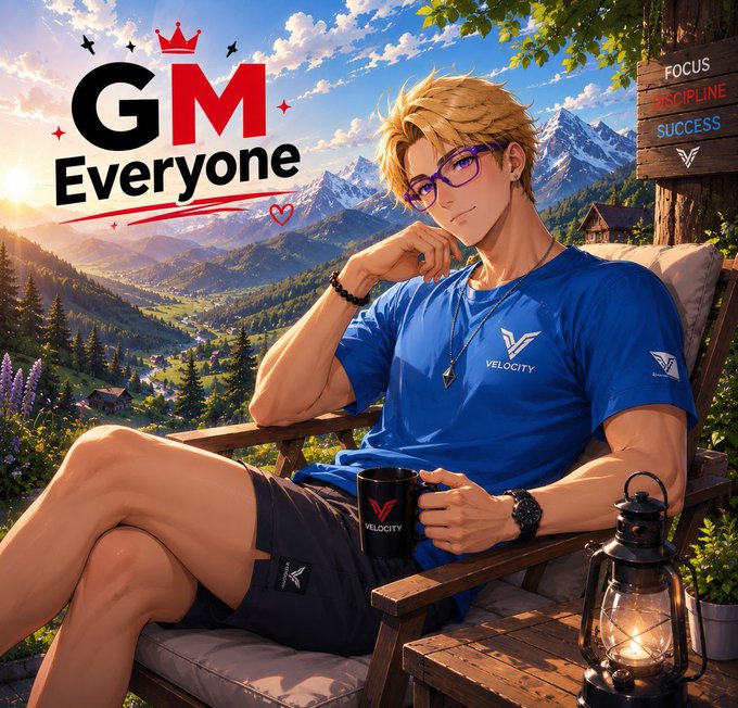 The image features a man sitting in a chair, wearing glasses and a blue shirt with "velocity" written on it. He has his legs crossed while holding a coffee cup and a lantern. The background of the image shows mountains under a clear sky, suggesting that he is in a mountainous area or near a scenic outdoor location.