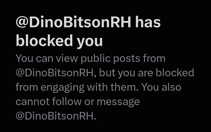 A screenshot of an X (Twitter) notification showing that @DinoBitsonRH has blocked the user, preventing engagement despite the project being in its allowlist phase. The image illustrates the post's claim about being blocked by the account while it was launching an allowlist mint for new collections.