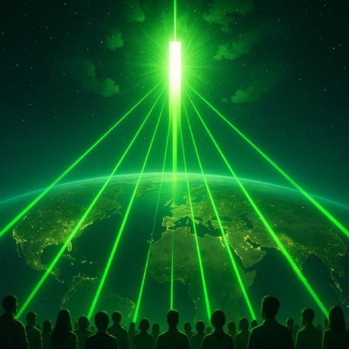 A sci-fi scene of silhouetted figures looking up at Earth from space as bright green laser beams radiate from a central glowing object in the sky down to the planet.