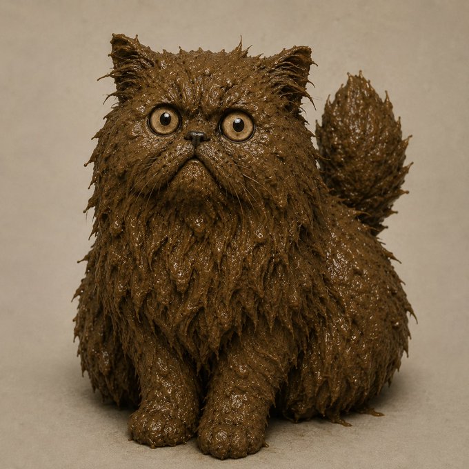 A highly textured sculpture of a cat made entirely of a brown, mud-like substance, featuring large, realistic eyes.