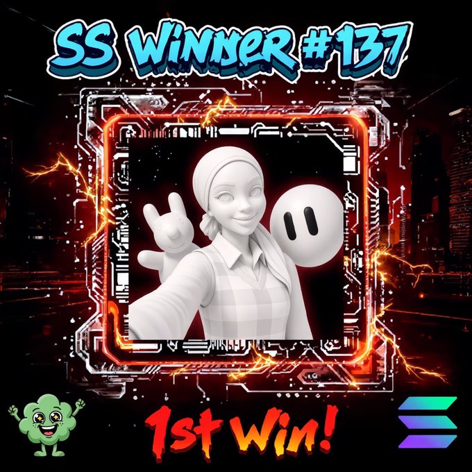 A celebratory "SS Winner #137" graphic announcing a "1st Win!" achievement, featuring a grayscale 3D character making a peace sign alongside a smiley face, framed by an electrified neon border that matches the post's announcement congratulating @Hadeofweb3 on winning the Smurf Spotlight V2 contest day 137.
