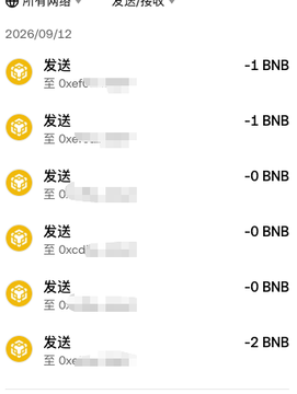 A mobile app screenshot dated '2026/09/12' displays a transaction history of BNB token sends, with amounts including '-1 BNB', '-0 BNB', and '-2 BNB'.