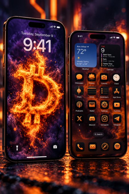 Two smartphones displayed with a Bitcoin-themed fiery aesthetic, showing a lock screen with a burning Bitcoin logo on the left and a home screen with Bitcoin-orange tinted app icons on the right.