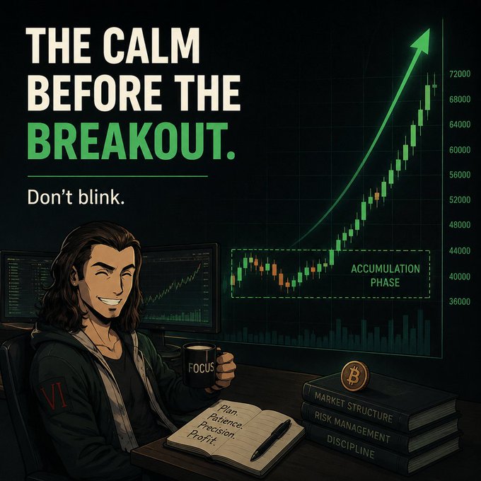 An illustrated trading graphic reads 'THE CALM BEFORE THE BREAKOUT. Don't blink.' showing a trader with a 'FOCUS' mug, a Bitcoin chart with an 'ACCUMULATION PHASE' label, and books titled 'MARKET STRUCTURE', 'RISK MANAGEMENT', and 'DISCIPLINE'.