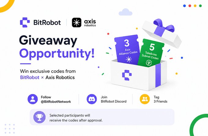 A promotional graphic for a BitRobot × Axis Robotics giveaway, offering 3 Axis Alliance Codes and 5 TeleArms Subnet Codes to participants who follow @BitRobotNetwork, join the BitRobot Discord, and tag 3 friends.