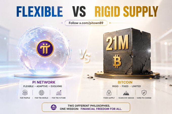 A promotional graphic comparing Pi Network ("FLEXIBLE") to Bitcoin ("RIGID SUPPLY"), showing a glowing globe with the Pi logo next to a block of stone marked "21M" with a Bitcoin symbol, captioned "TWO DIFFERENT PHILOSOPHIES. ONE MISSION: FINANCIAL FREEDOM FOR ALL."