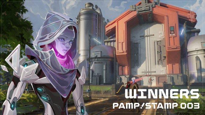 An illustration with futuristic sci-fi characters and industrial buildings, labeled 'WINNERS PAMP/STAMP 003'.