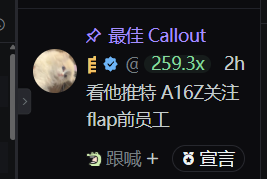 A profile snapshot from a social platform shows the user "最佳 Callout" (@) with a verified badge, "259.3x" gain, and "2h" timeframe, along with the text "看他推特 A16Z关注 flap前员工" (Look at his Twitter, A16Z follows, former Flap employee). The post caption mocks this account's callout performance as all hype and no substance, suggesting a product sold out despite only reaching ~30K USDT market cap, dismissing the "259.3x" claim as inflated hot air.
