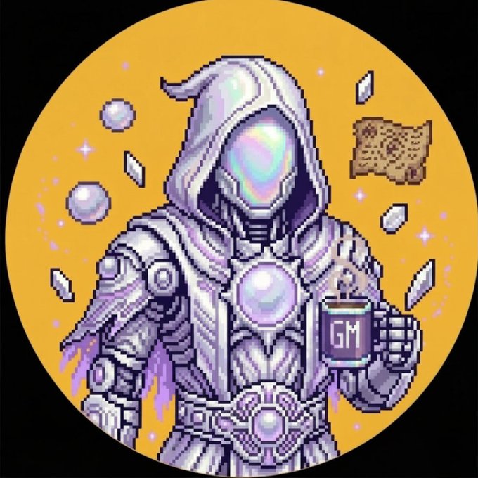 A pixel art illustration of a futuristic white and purple hooded robot holding a mug labeled 'GM', set against a yellow circular background with floating dice and gems.