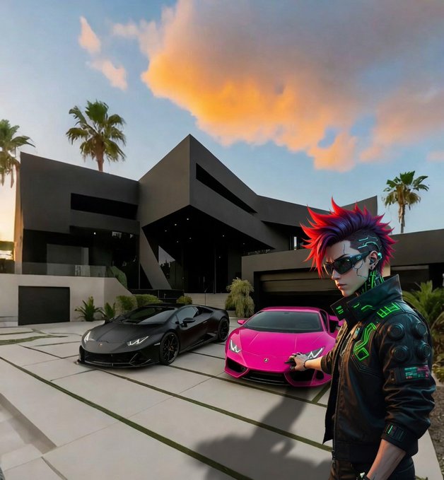 A digitally rendered character with spiky red hair and sunglasses stands in front of a modern black mansion alongside a black Lamborghini and a pink sports car.