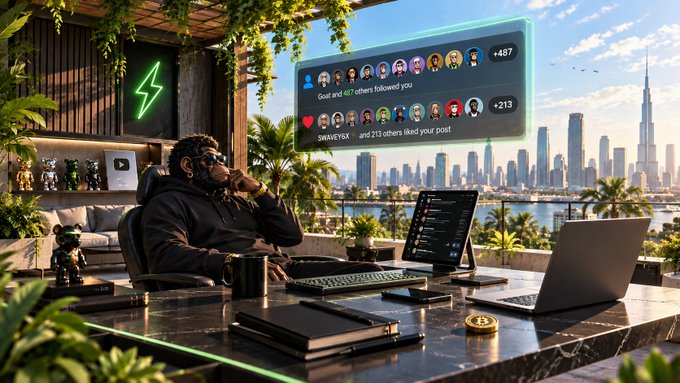 A futuristic digital illustration showing a person at a desk with multiple laptops and monitors, with floating social media notifications indicating "Goul and 467 others followed you" and "SHINETOX and 213 others liked your post," set against a city skyline.