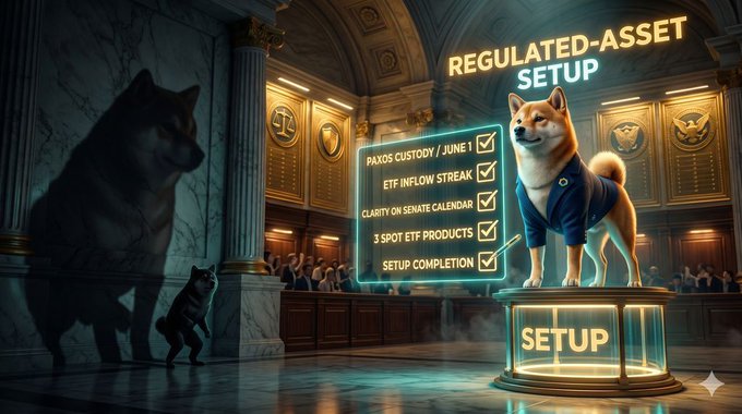 The image features a dog wearing a blue shirt standing next to a podium, which has a sign that says "regulated-asset setup". The background of the image shows a building with columns and a large window. There are also other dogs visible in the scene.
