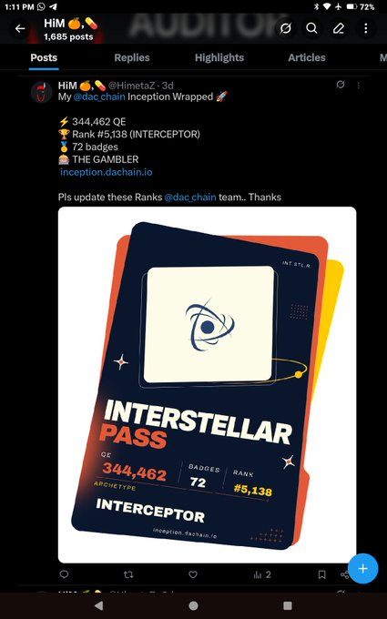 A screenshot of a Twitter/X post from user @HimstaZ showing their Inception (dac_chain) Wrapped stats: 344,462 QE, Rank #5,138 (INTERCEPTOR), 72 badges, with an 'INTERSTELLAR PASS' graphic featuring the Inception logo.