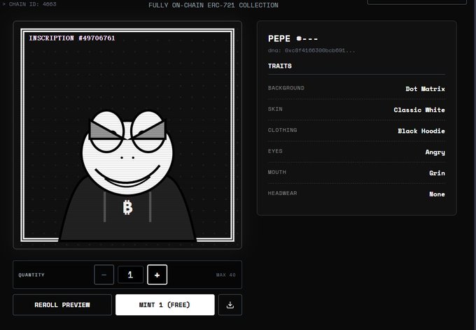 A Pepe NFT minting interface displays Inscription #497006701 on a black background, featuring a white Pepe character wearing a black hoodie with a Bitcoin logo, set against a Dot Matrix background with Angry eyes and a Grin mouth. The page shows a "MINT 1 (FREE)" button, matching the post's promotion of a free mint at inscriptionpepe.vercel.app.