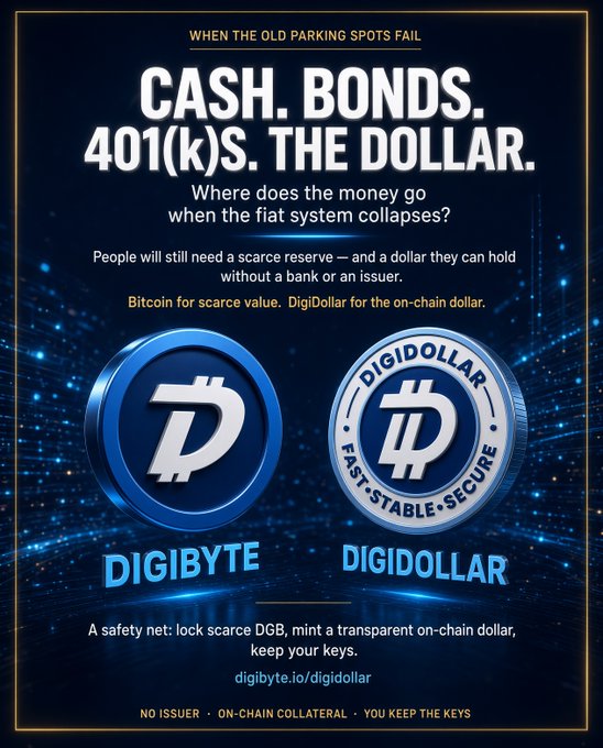 A digital promotional graphic for DigiByte and DigiDollar, headlined "WHEN THE OLD PARKING SPOTS FAIL," poses the question "Where does the money go when the fiat system collapses?" and pitches the two cryptocurrencies as a solution — Bitcoin for scarce value and DigiDollar for an on-chain, no-issuer dollar — displaying their logos, the tagline "DIGIDOLLAR FAST • STABLE • SECURE," and the URL digibyte.io/digidollar.