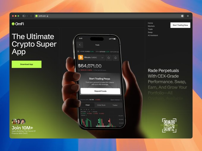 A promotional website for 'OmFi' cryptocurrency trading app, featuring a hand holding a smartphone displaying Bitcoin and 'Deposit Funds' options.