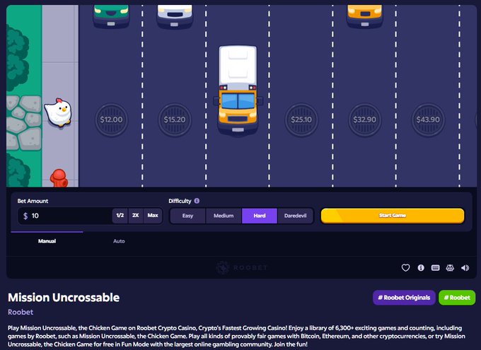 Screenshot of the Roobet Crypto Casino game 'Mission Uncrossable' featuring the Chicken Game with a Hard difficulty setting and $10 bet, showing lanes with vehicles and multiplier values from $12.00 to $43.90.