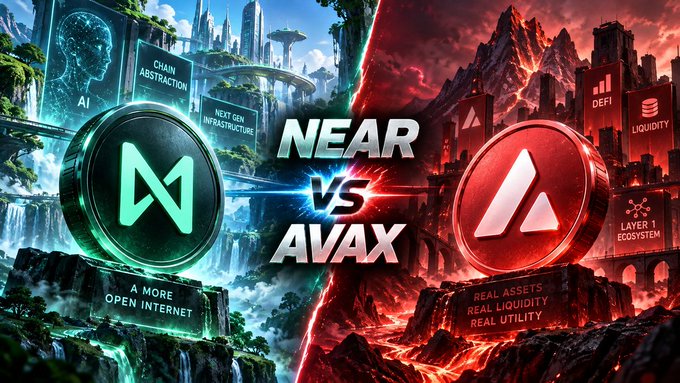A promotional graphic comparing NEAR vs AVAX cryptocurrencies, featuring the NEAR logo with text 'CHAIN ABSTRACTION', 'AI', 'NEXT GEN INFRASTRUCTURE', and 'A MORE OPEN INTERNET' on the left, versus the AVAX logo with 'DEFI', 'LIQUIDITY', 'LAYER 1 ECOSYSTEM', 'REAL ASSETS', 'REAL LIQUIDITY', and 'REAL UTILITY' on the right.