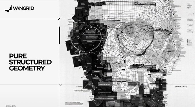 A digital design labeled 'VANGRID' and 'PURE STRUCTURED GEOMETRY' features a complex black wireframe face with numerous data points and labels on a white background.