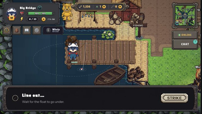 A pixel-art fishing game interface shows a player at 'Big Bridge' fishing; the bottom UI reads 'Line out... Wait for the float to go under.' with a 'STRIKE' button.