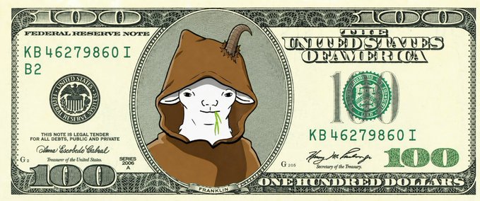 A modified US $100 Federal Reserve Note where the central portrait of Benjamin Franklin has been replaced with a cartoon goat wearing a brown hood, displaying serial number KB46279860 I.
