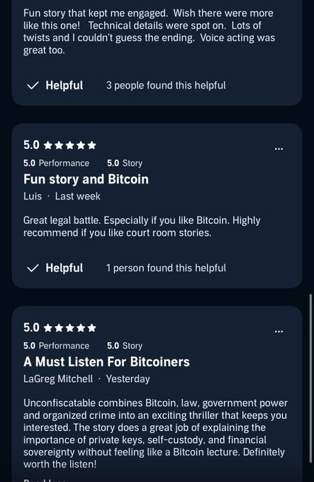 A series of 5-star user reviews praising an audiobook called 'Unconfiscatable' about Bitcoin and legal battles, with comments highlighting the engaging story and great voice acting.