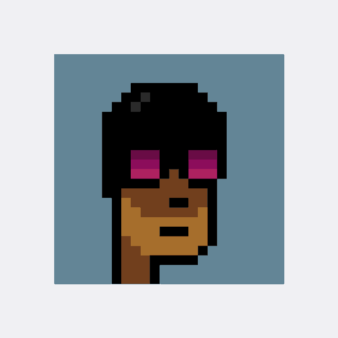 A minimalist pixel art portrait of a person with dark hair, brown skin, and pink rectangular sunglasses against a muted blue-gray background.