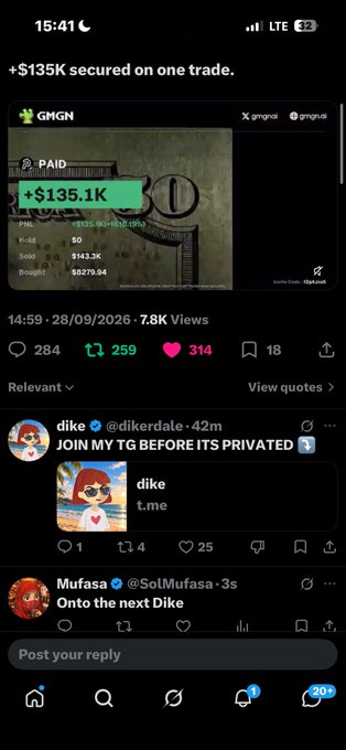 A screenshot of a social media post bragging about securing +$135K on a trade, with comments from 'dikerdale' and 'Mufasa'.