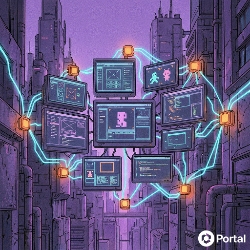 A futuristic neon-lit cityscape features a network of interconnected floating monitors displaying code and game development interfaces, linked by glowing electric cables and pixel-art icons, with the "Portal" logo in the corner. The image visually represents an integrated AI-native game development ecosystem, illustrating how Portal 2.0 unifies various tools and reward systems within a single, seamlessly connected workflow.