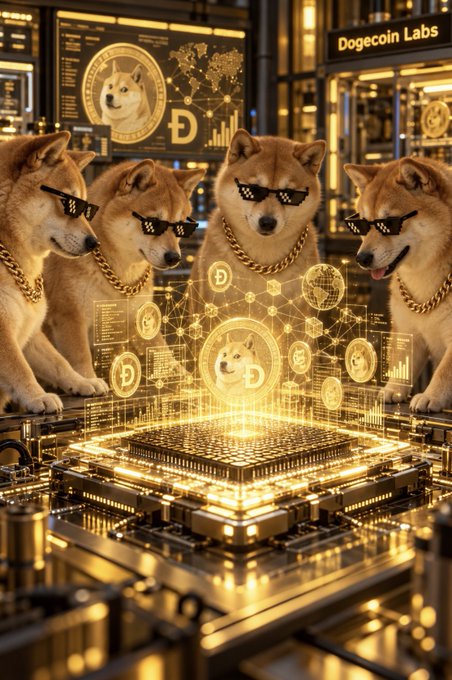A stylized scene shows four Shiba Inu-inspired Doge figures wearing sunglasses and gold chains gathered around a glowing Dogecoin-themed computer, with “Dogecoin Labs” displayed on a sign in the background. The futuristic golden lab setting and Doge symbols visually answer the post’s greeting, “hello dogecoin labs.”