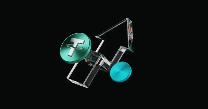 The image shows a 3D rendered cryptocurrency-style coin featuring the Tether (USDT) logo, connected via geometric transparent frames to another teal coin, symbolizing the tokenization of traditional assets. This visually represents Bitget's rToken product, which bridges stablecoins like USDT to tokenized versions of US stocks and ETFs.