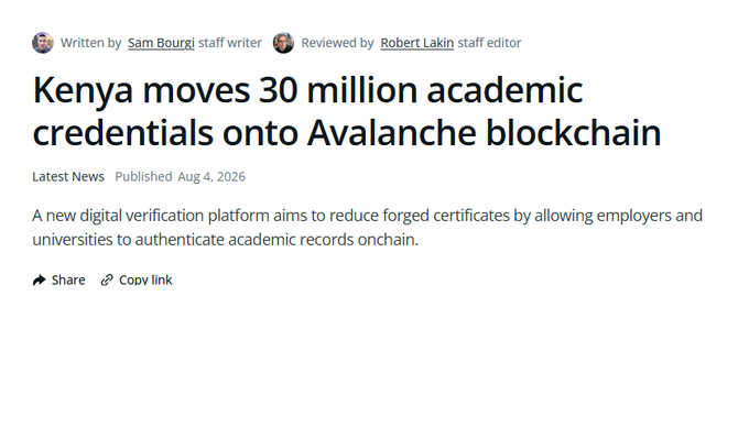 A Cointelegraph news headline reads "Kenya moves 30 million academic credentials onto Avalanche blockchain," reporting on the launch of an on-chain verification platform by Kenya's National Examinations Council to combat forged certificates, matching the post's description of 30 million academic records being placed on Avalanche for employer authentication.