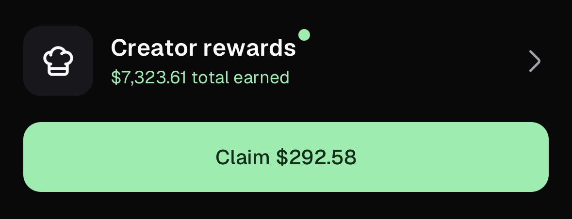 A mobile app screen displaying "Creator rewards" with "$7,323.61 total earned" and a large green button to "Claim $292.58".