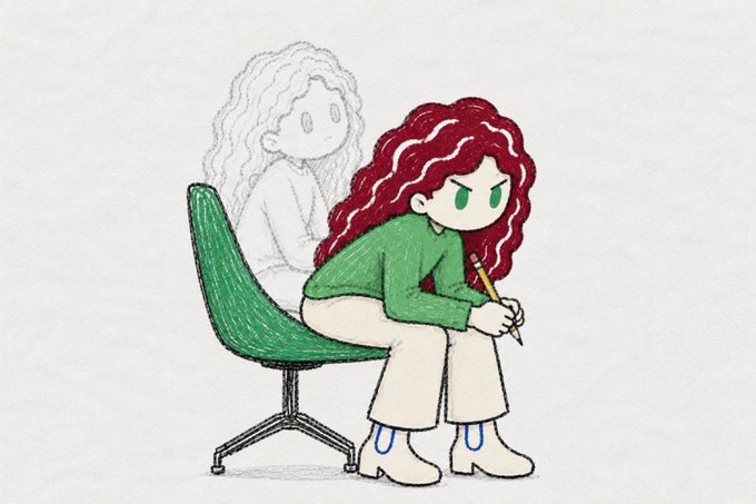 A simple digital drawing of a person with green skin and long red hair sitting on a green chair. They hold a pencil and have a frustrated expression, while a faint, sketched outline of a woman with long hair sits behind them.