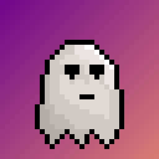 A pixel art ghost with a grumpy expression floats against a purple-to-pink gradient background, embodying the "Trace Echo" spirit described in the post as a dynamic NFT character on the Solana blockchain that evolves based on holder activity.