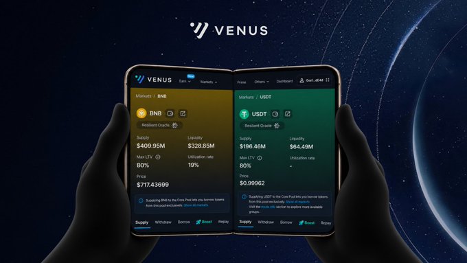 Two hands hold smartphones displaying the "VENUS" cryptocurrency lending platform interface, showing BNB and USDT markets with supply and liquidity figures.