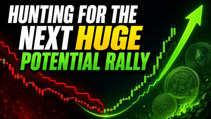 A crypto-themed graphic with bold text reading 'HUNTING FOR THE NEXT HUGE POTENTIAL RALLY' alongside a green upward arrow and cryptocurrency coins including Bitcoin and Ethereum.