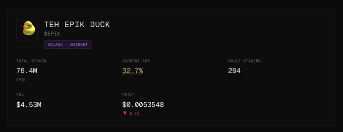 A dashboard showing stats for 'TEH EPIK DUCK' ($EPIK) on Solana Mainnet, including 76.4M total staked, 32.7% current APR, 294 vault stakers, $4.53M FDV, and a price of $0.0053548.