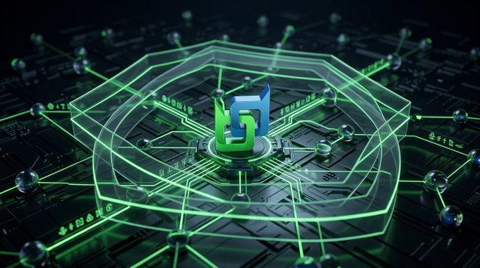 A 3D digital render features a metallic logo centered on a dark circuit board platform surrounded by glowing green octagonal rings and connected nodes.