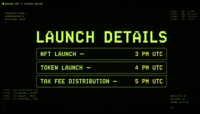 A pixelated green-on-black "LAUNCH DETAILS" screen outlines the Broker App schedule, listing the NFT Launch at 3 PM UTC, Token Launch at 4 PM UTC, and Tax Fee Distribution at 5 PM UTC, directly corresponding to the Bappfun project announcement for September 2.