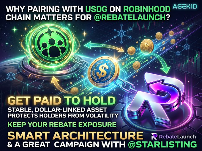A promotional crypto graphic asks, “WHY PAIRING WITH USDG ON ROBINHOOD CHAIN MATTERS FOR @REBATELAUNCH?” It features USDG and RebateLaunch branding, coins, arrows, and the text “GET PAID TO HOLD,” “STABLE, DOLLAR-LINKED ASSET PROTECTS HOLDERS FROM VOLATILITY,” and “SMART ARCHITECTURE & A GREAT CAMPAIGN WITH @STARLISTING.”