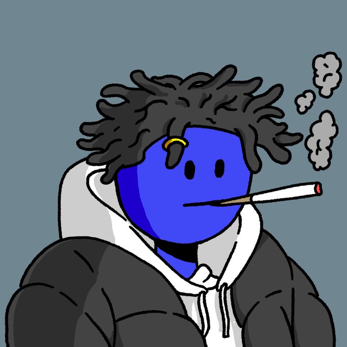 A digital cartoon drawing features a blue character with dreadlocks, wearing a grey hoodie and smoking a cigarette, with grey smoke clouds floating in the air.